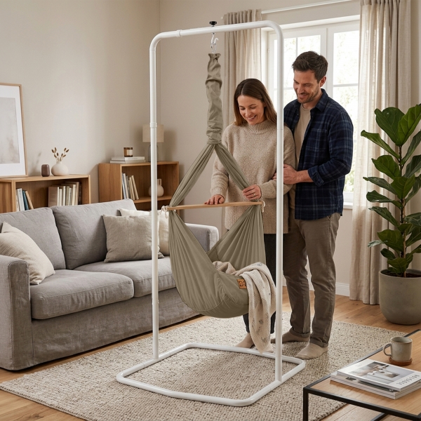 Design4Kids Federwiege Baby Classic, Bio-Baumwolle mit Komfort-Gestell weiß - taupe