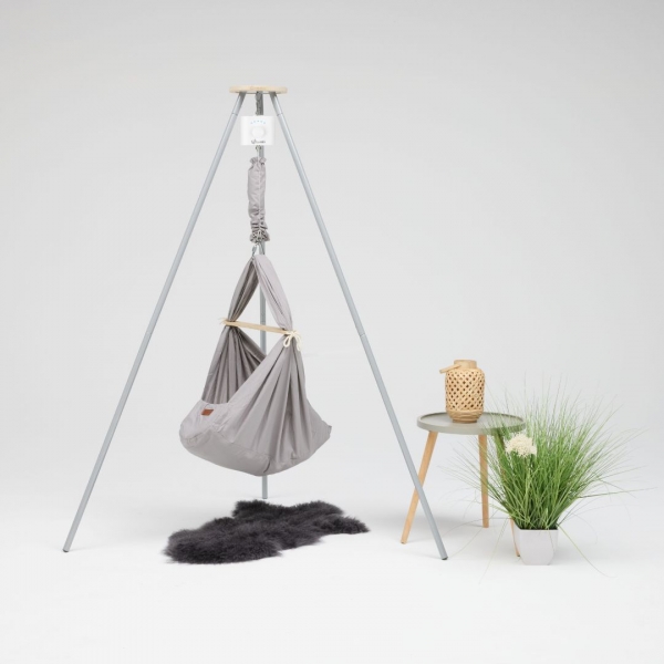 LIBAMARA Federwiege mit Motor, Kapok-Matratze &amp; Gestell TriPod moonstone - lichtgrau