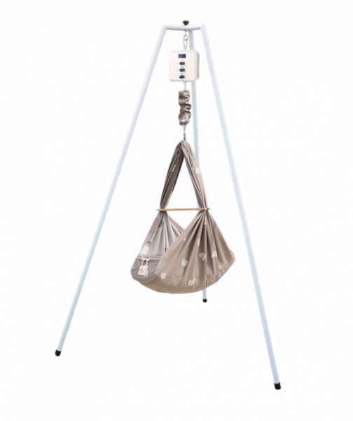 QOOKIE Swing Federwiege mit Motor Cube und Gestell weiß - Rainbow mokka
