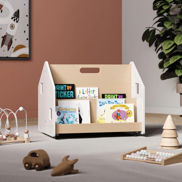 BusyKids Montessori doppelseitiges Bücherregal mit Rädern - weiß