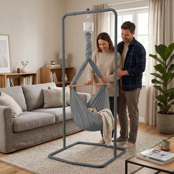 Design4Kids Federwiege Baby Classic, Bio-Baumwolle mit Motor & Komfort-Gestell anthrazit - grau