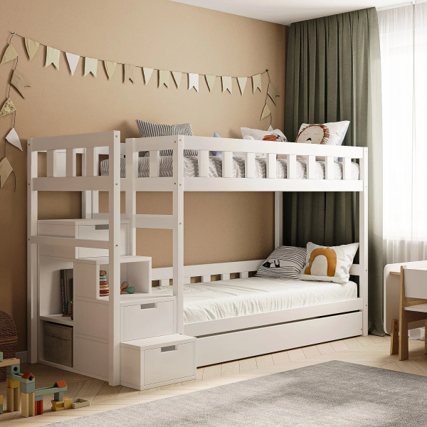 BusyKids Etagenbett TOTO-TWIN MAX mit Leiter links und Stauraum 200 x 90 cm - Weiß