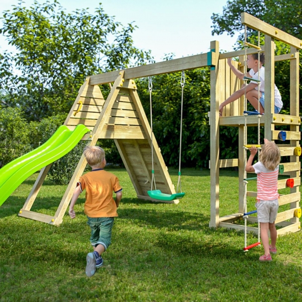 FUNGOO Climber Spielturm - Klettergerüst mit Kletterwand, Rutsche und Schaukel