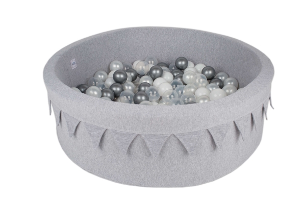 MiniBe Bällebad 90x30cm Grau mit Wimpel &amp; 200 Bällen zum selber Gestalten nach Wunsch