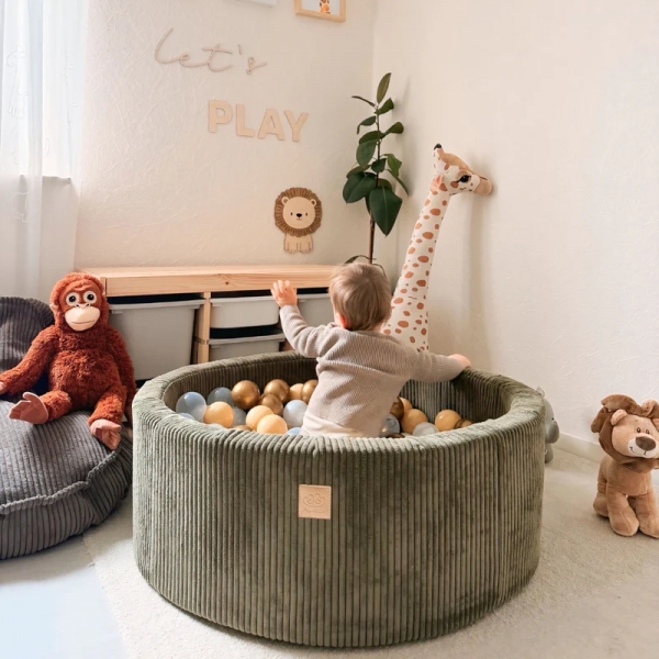 MeowBaby Bällebad Ästhetik Cord 90x30cm khaki mit 200 Bällen zum selber Gestalten