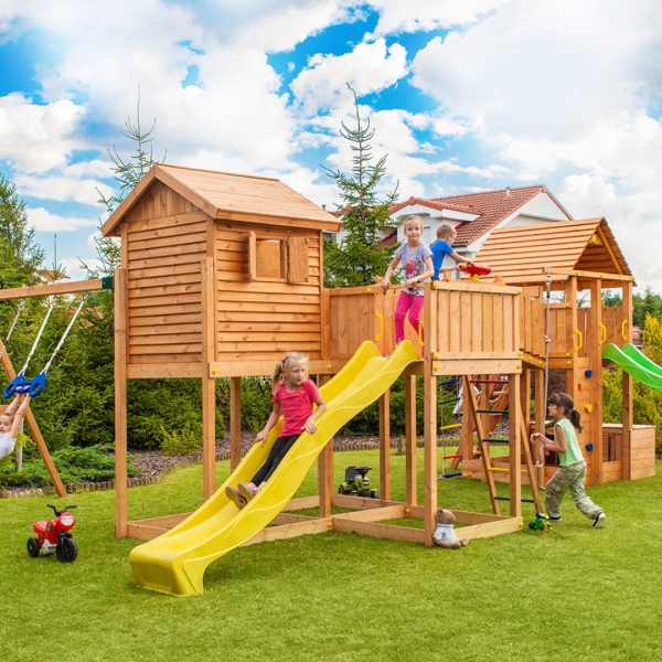 FUNGOO MAXI Set Play Box - Klettergerüst mit Kletterwand, 2 Rutschen & Schaukel