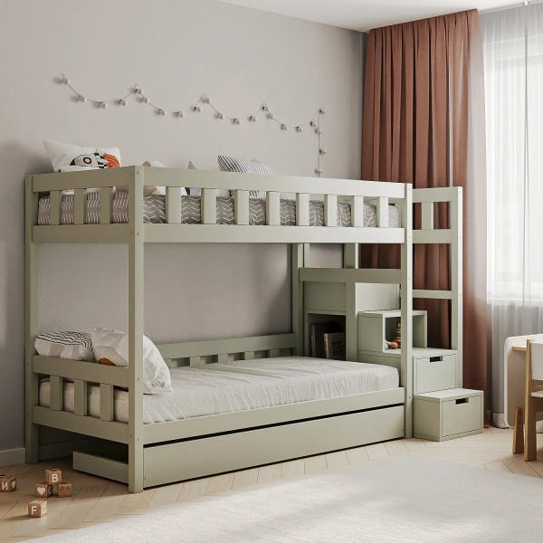 BusyKids Etagenbett TOTO-TWIN MAX mit Leiter rechts und Stauraum 200 x 90 cm - Salbeigrün