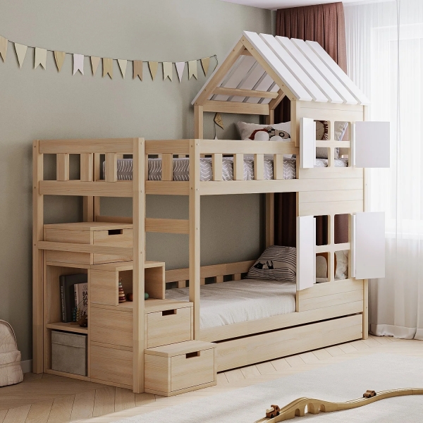BusyKids Etagenbett DREAM-HOUSE mit Treppe links und Stauraum 200 x 90 cm - Weiße Elemente