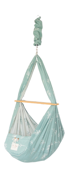 QOOKIE Swing Federwiege mit Schafwoll-Matratze &amp; Deckenbefestigung - Floral mint