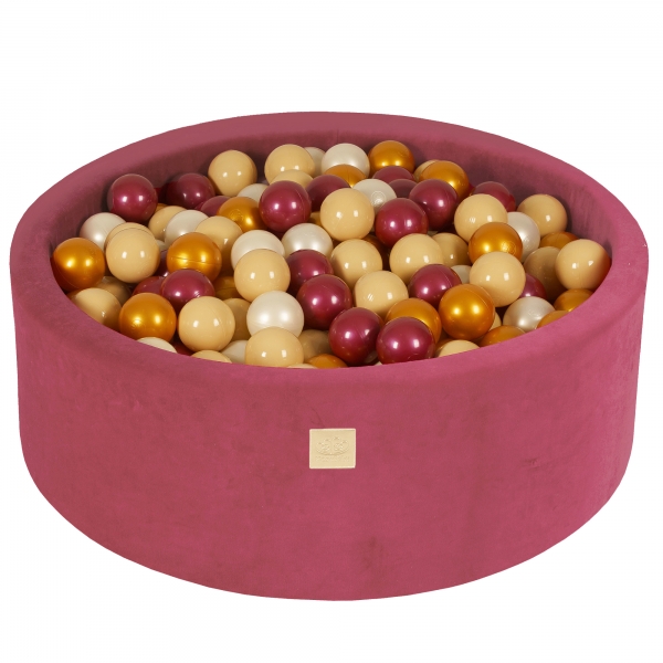 MeowBaby Bällebad Velvet Himbeerrot 90x30 cm, 200 Bälle - Gold/Beige/Weiß Perlmutt/Perlmutt Burgunde
