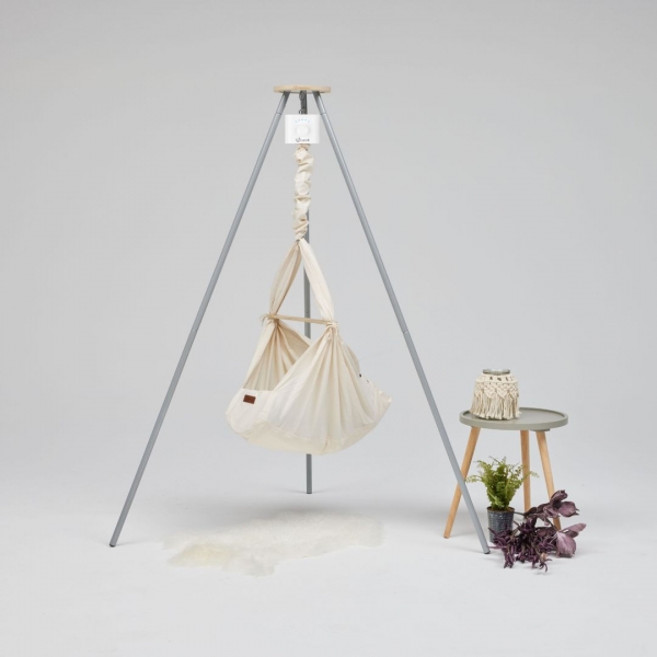 LIBAMARA Federwiege mit Motor, Schafwoll-Matratze &amp; Gestell TriPod moonstone - natur