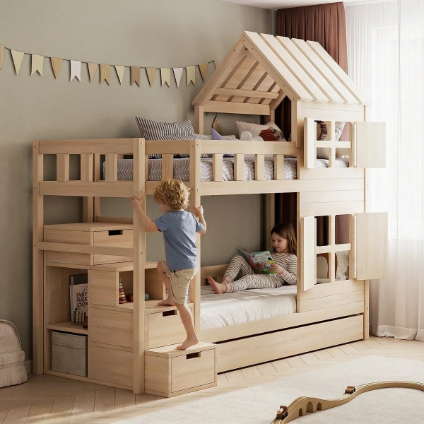 BusyKids Etagenbett DREAM-HOUSE mit Treppe links und Stauraum 200 x 90 cm - Natur