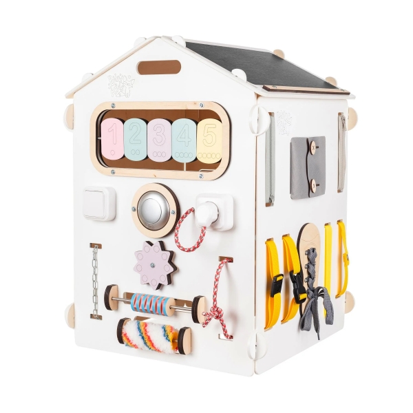 BusyKids BusyBoard - das sensorische Montessori Spielhaus - Weiß/Pastell