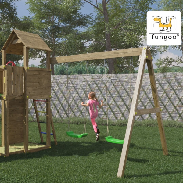 FUNGOO Boomer3 Spielturm - Klettergerüst mit Rutsche, Sandkasten und Doppelschaukel