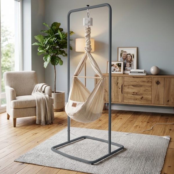 Design4Kids Federwiege Baby Classic, Bio-Baumwolle mit Motor & Komfort-Gestell anthrazit - natur