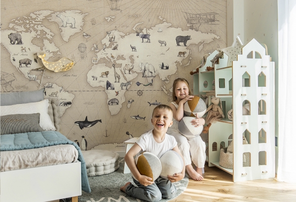 MALUMI abschwischbare Kinderzimmer-Fototapete MAPS - taupe