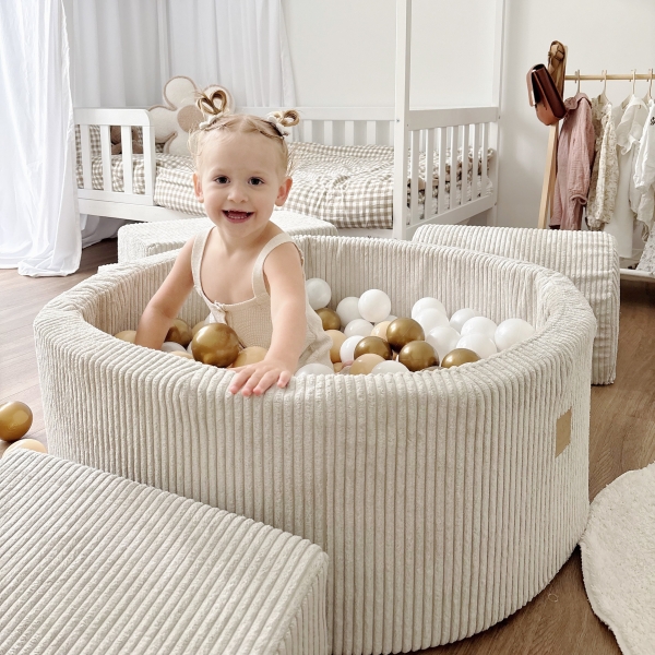 MeowBaby Schaumspielset Ästhetik Cord ecru/beige mit Bällebad und 200 Bälle