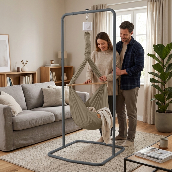 Design4Kids Federwiege Baby Classic, Bio-Baumwolle mit Motor & Komfort-Gestell anthrazit - taupe