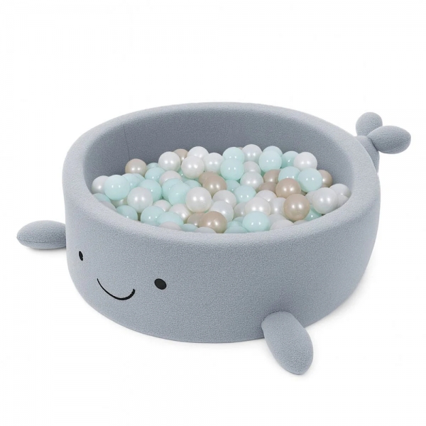 MeowBaby Bällebad kleiner Wal Bouclé Dusty Ice Blue, 200 Bälle - eigene Farbauswahl