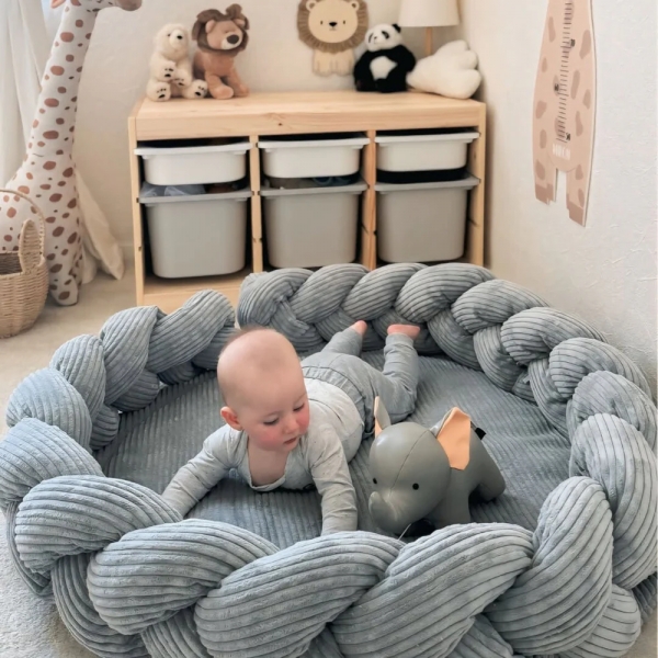 MeowBaby Babynestchen Cord mit Spielmatte & Bettumrandung Ästhetik grau