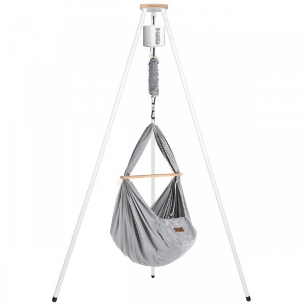 SCHMUSEWOLKE Federwiege mit Motor, Schafwoll-Matratze &amp; Gestell TIPI weiß - Bio grey