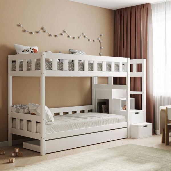 BusyKids Etagenbett TOTO-TWIN MAX mit Leiter rechts und Stauraum 200 x 90 cm - Weiß
