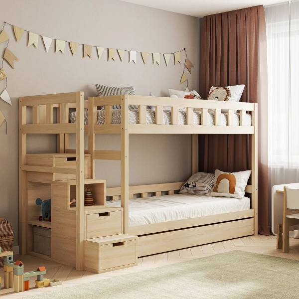 BusyKids Etagenbett TOTO-TWIN MAX mit Leiter links und Stauraum 200 x 90 cm - unlackiert