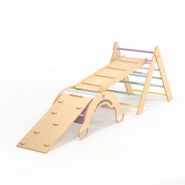 BusyKids Großes Set - Pikler Dreieck, 2 Rutschen &amp; Balancewippe - Pastellfarben