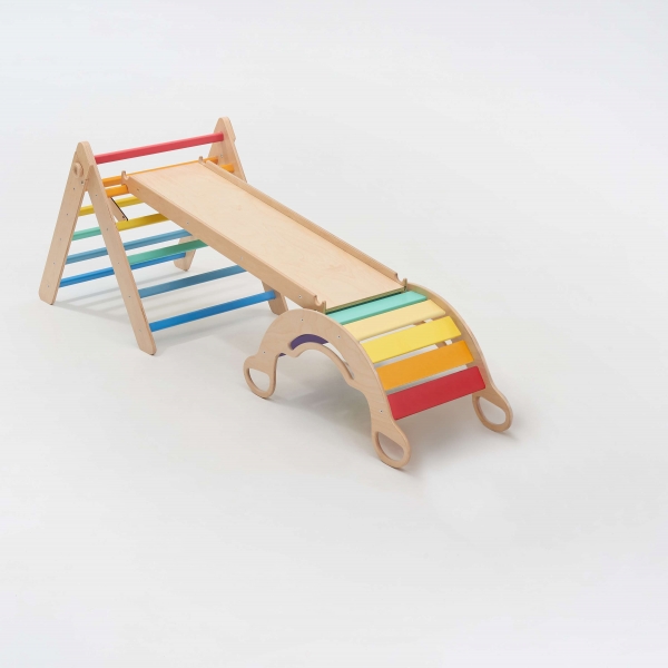 BusyKids Set - Pikler-Dreieck, doppelseitiges Brett &amp; Balancewippe - Regenbogenfarben