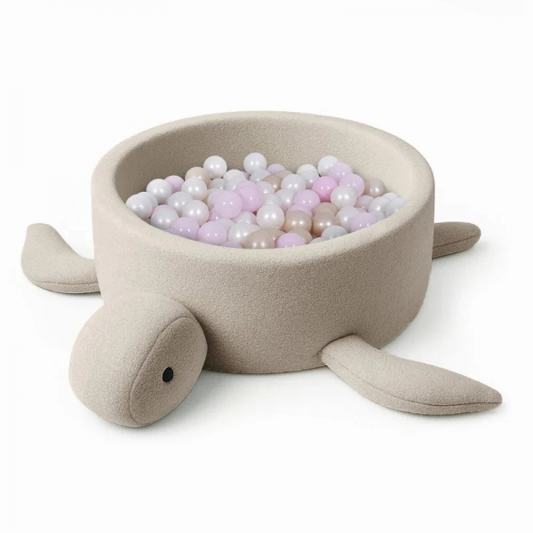 MeowBaby Bällebad Schildkröte Bouclé Oat Biscuit Beige, 200 Bälle - eigene Farbauswahl